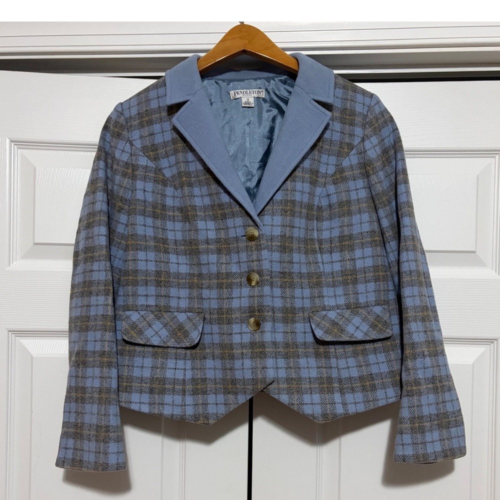 Pendleton Plaid Blazer Women 12P Blue Fixxed Fall Wool Jacket Core Prep Coastal